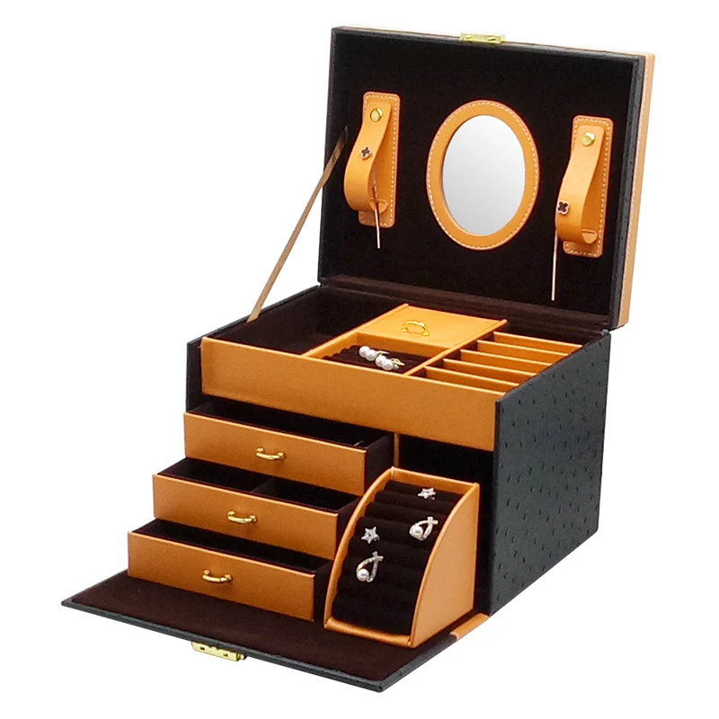 FUN-BEAUTY Ostrich Pattern Leather Jewelry Storage Box Multi-compartment Large-capacity Portable Lock Dressing Case | Украшения и