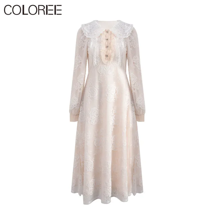 

Beige Embroidery Lace Peter Pan Collar Diamonds Elegant Woman Dress 2020 Autumn Vintage Long Sleeve Maxi Dresses For Women