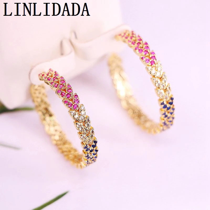 

3Pairs, 35MM, Gold color circle Earring Women CZ Jewelry Rainbow Cubic Zirconia Stud Earring colorful Fashion Jewelry