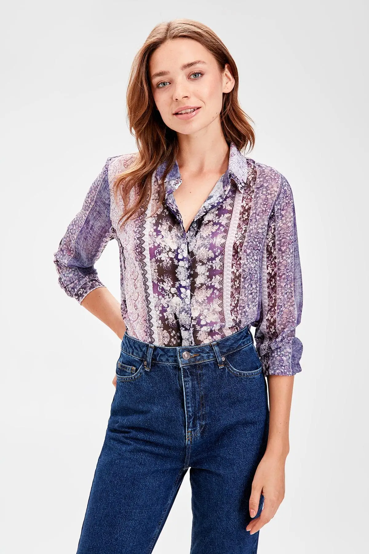 Trendyol фиолетовый Узорчатая рубашка TWOAW20GO0185