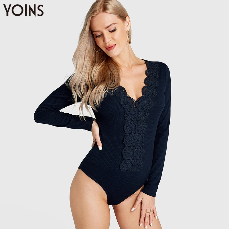 YOINS женский сексуальный кружевной облегающий боди с v образным вырезом 2020 Женский