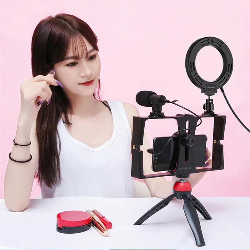 

New 4 in 1 Vlogging Live Broadcast Smartphone Video Rig +4.6 inch LED Selfie Ring Light & Microphone +Tripod Mount+Tripod Head