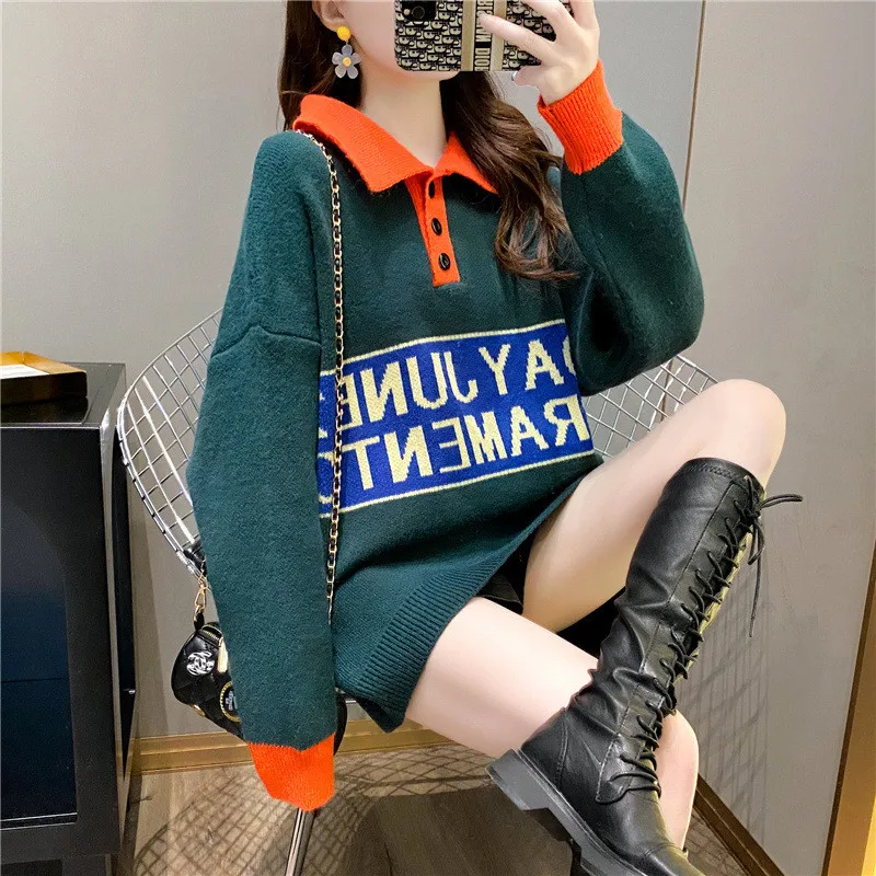 

2020 Autumn And Winter New Style Polo Collar Thick Pullover Sweater Women Lazy Loose Fashion All Match Knitted Top Tide C377