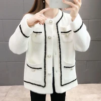 high quality mink velvet ladies round neck pocket cardigan autumn and winter korean fashion plaid thick lapel mink jacket