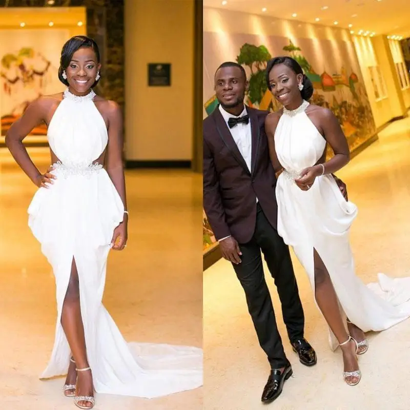 

Mermaid Cutaway Sides Wedding Dress African Girls Halter Chiffon Garden Bridal Gown Custom Made Vestios De Novia