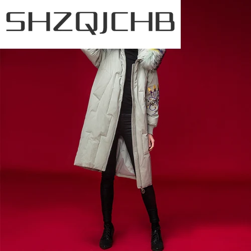 

SHZQ Брендовая женская теплая зимняя куртка 2021 уличная одежда с вышивкой 90% утиный пух пальто Большая Меховая парка 18N570