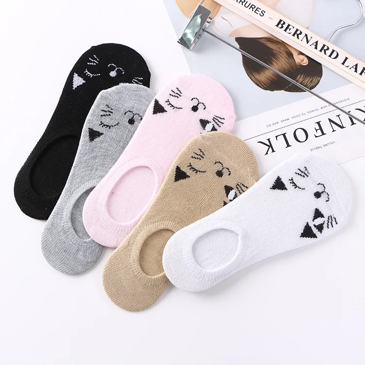 

LJIQQ 5 pairs spring summer ankle socks women smile cat socks Korean style cartoon cotton lady socks
