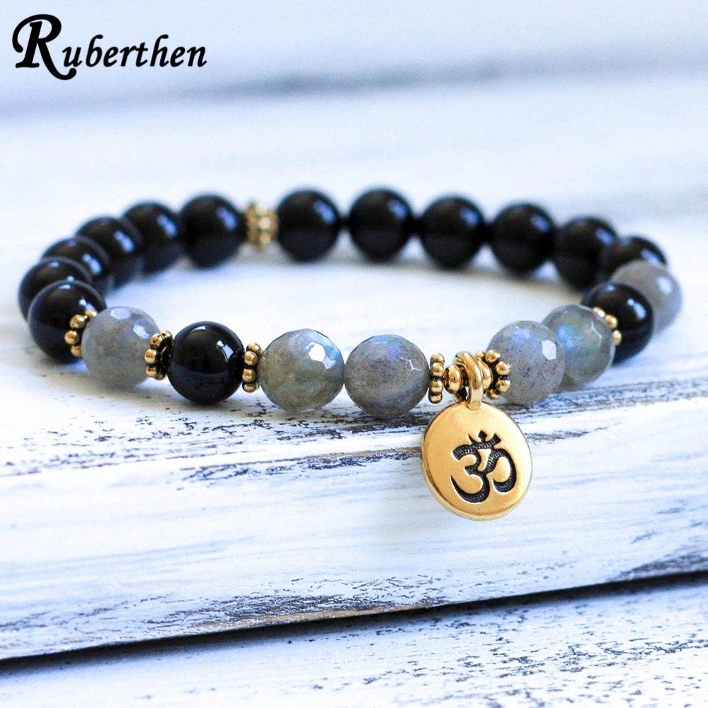 Ruberthen лабрадоритовый браслет класса А сбалансированный черный турмалиновый Ом