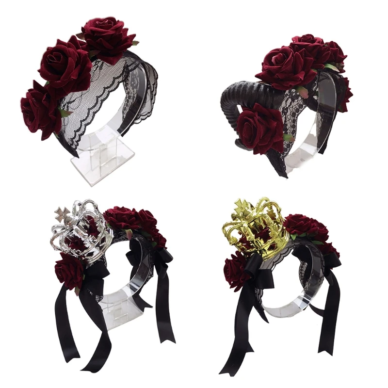 

Ribbon Bow Rose Headband Sheep Horn Lace Hair Band Cosplay Headwear Halloween Party Wear Gothic Headpiece Party Supplies