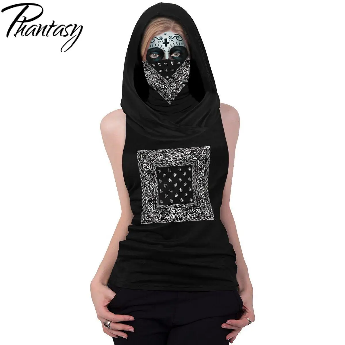 

Phantasy Women Half Face Scarf T-shirts Set Hooded T-Shirts with Skull Clown Mask Halloween Sleeveless Tops Black T-shirt