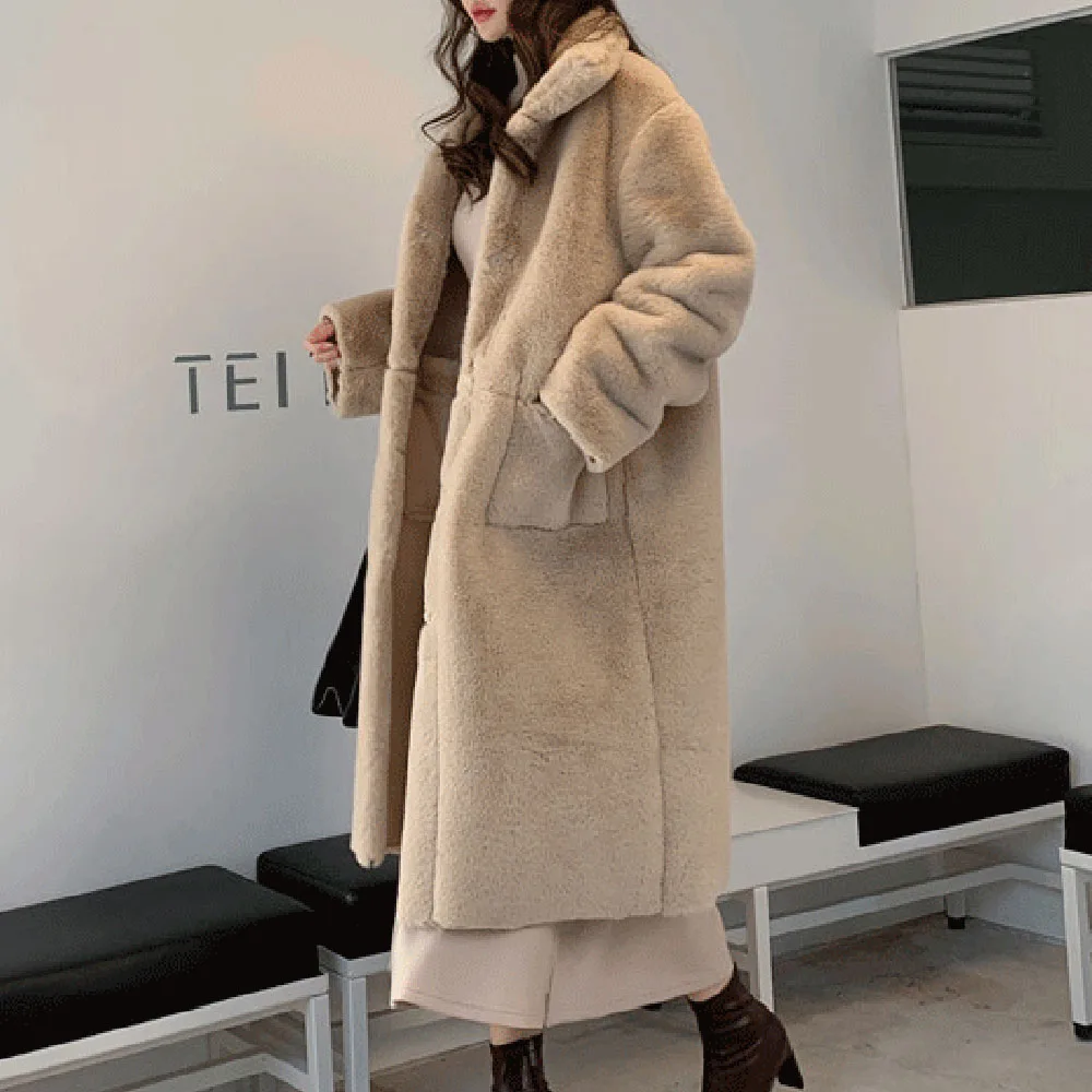 

Korean Chic Plush Fleece Faux Fur Overcoat Fur Fashion Simple Luxury Long Fur Coat Loose Lapel OverCoat Thick Warm Plus Size