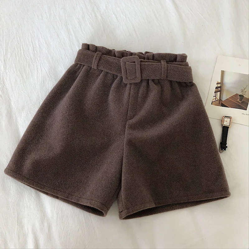 Женские однотонные шорты с поясом широкие брюки высокой талией женские зимние