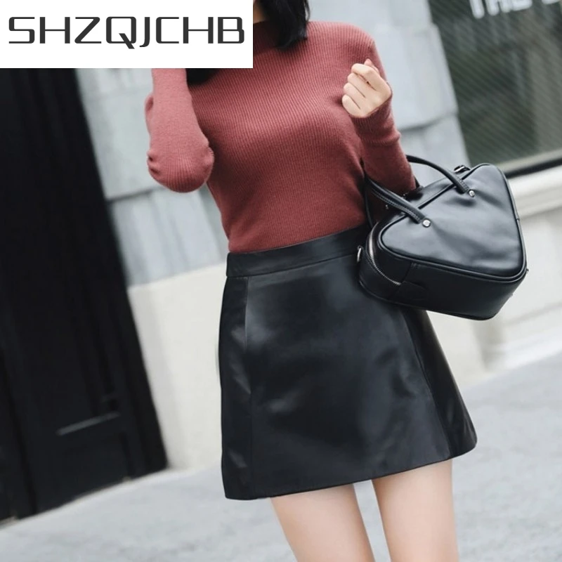 

JCHB 2021 Hot Selling Sexy Women Bandage Sheepskin Skirt Autumn Fashion Clothes For Ladies Zipper High Waist Leather Skirt Women