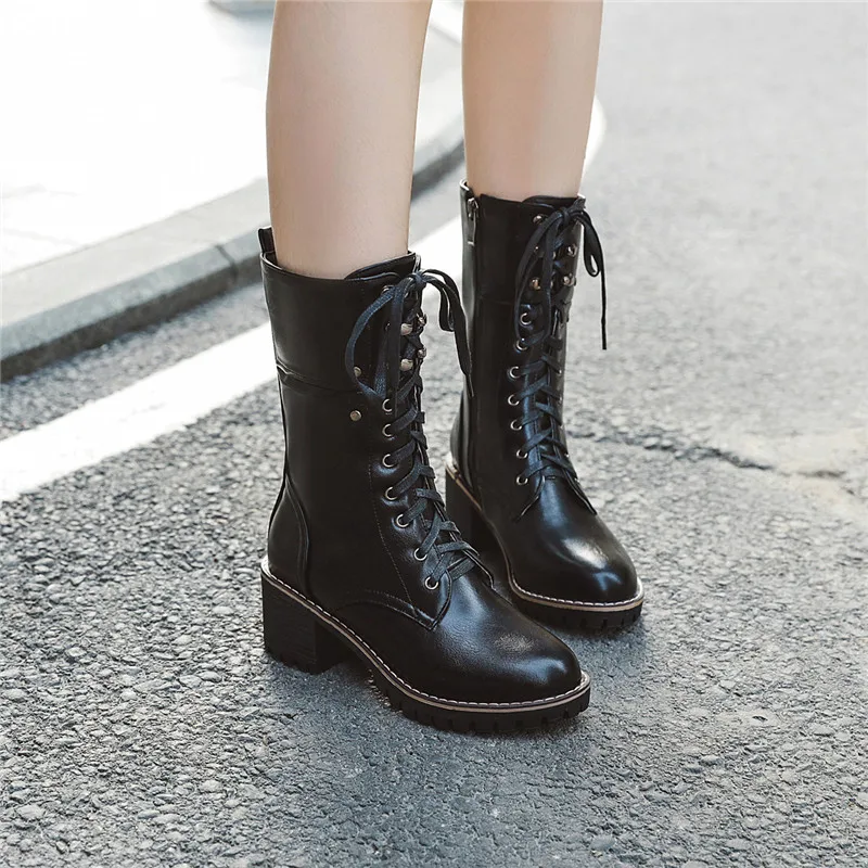 Ботинки YMECHIC винно красные черные коричневые на шнуровке высоком блочном каблуке