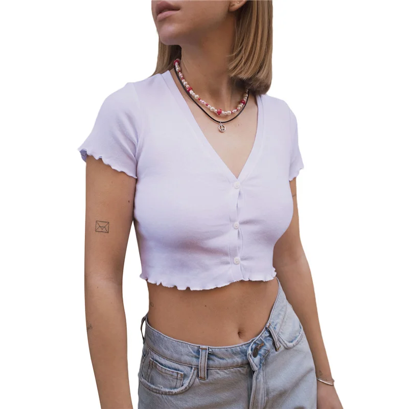 

Women's Casual Knitted Short Tee Shirts, Short Sleeve V Neck Thin Ribbed Knit Cardigan Crop Tops