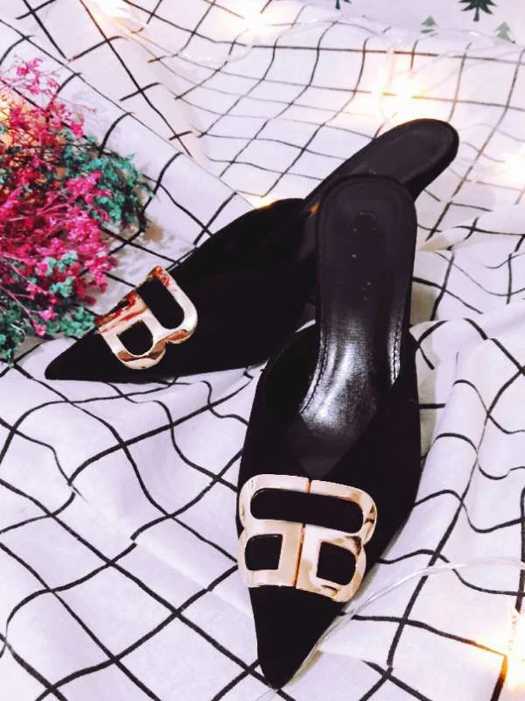 

Hot Sale BB Buckle Mules Women Thin High Heel Sexy Pointed Toe Slip On Fashion Women Dress Shoes Summer Slippers
