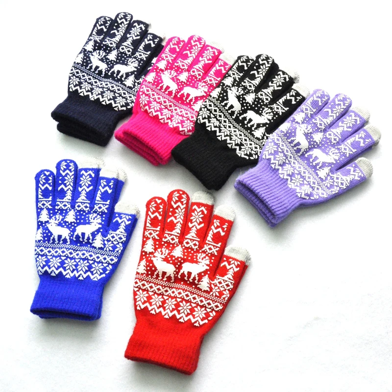 

New Men Women Winter Warmth Velvet Knitted Gloves Christmas Tree Elk Snowflake Pattern Offset Printing Non-slip Acrylic Gloves
