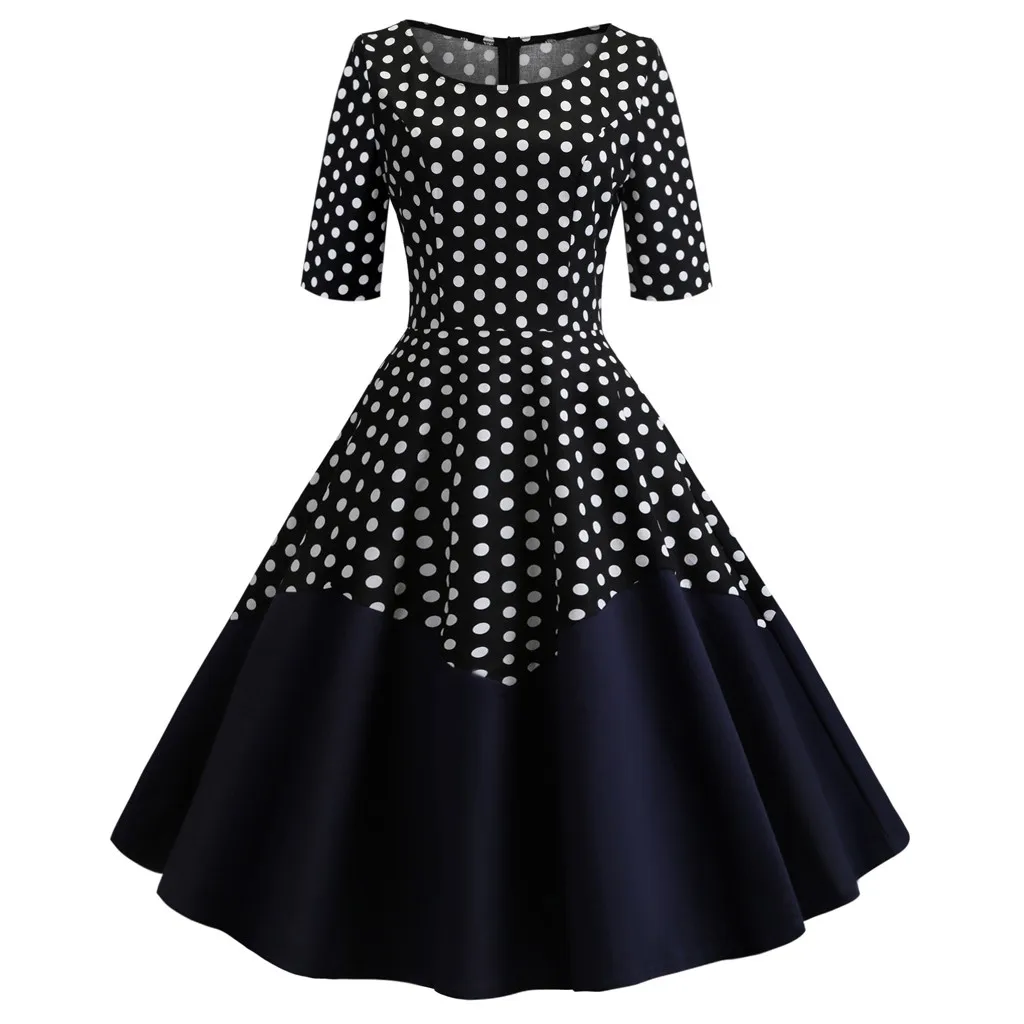 Женское лоскутное платье в горошек элегантное винтажное с круглым вырезом и