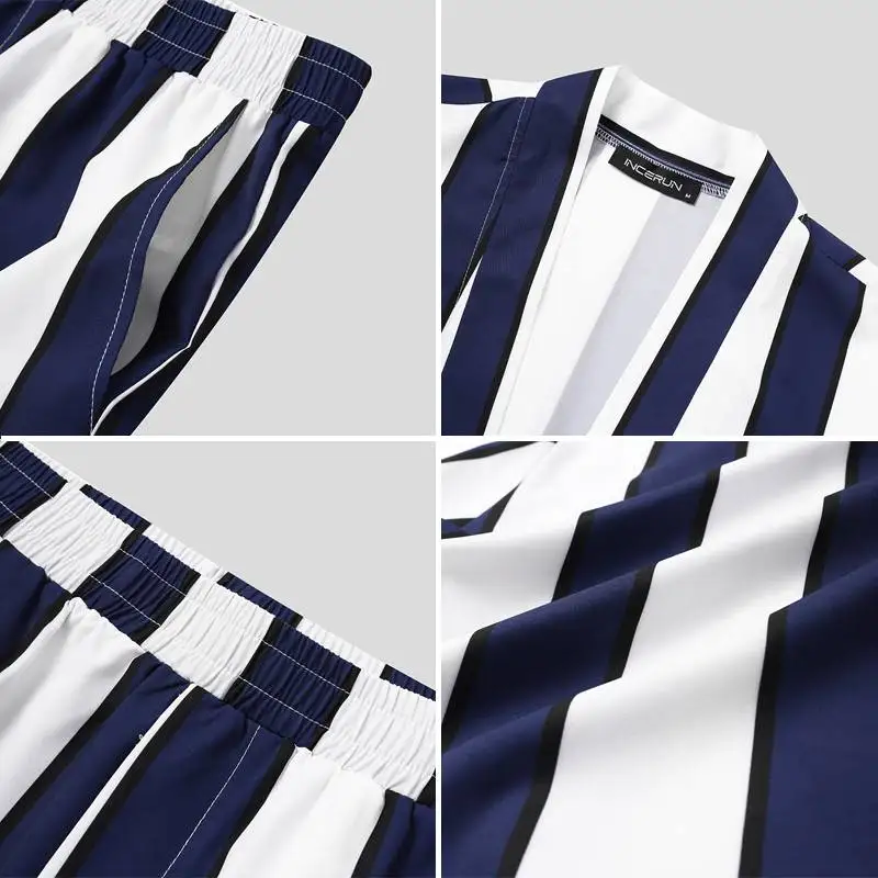 

2021 New Summer Men's Striped Suit Street Casual Loose Slit Short Sleeve Shirt Fashion Short Sleeve + Short Beach Pants 2-piece
