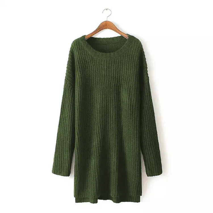 Europen Women Autumn Winter Long Pull Sweaters O neck Side Split Oversize Knitted Sweater Pullovers Fall Thick Sweaters