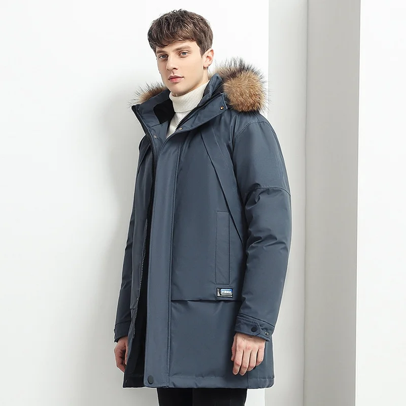 Down Jacket Men's Tooling Mid-length 2021 Winter Big Fur Collar Hooded Pie Overcoming Thickened Down Jacket Men