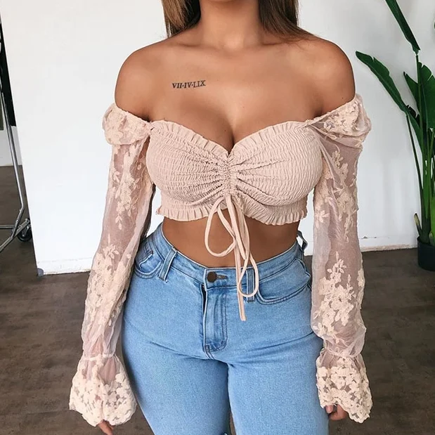 

Women 2021 Sexy Lace Off Shoulder T-Shirts Ruffle Pleated Short Women Embroidery Tops Autumn Floral Print Casual Basic Tshirt