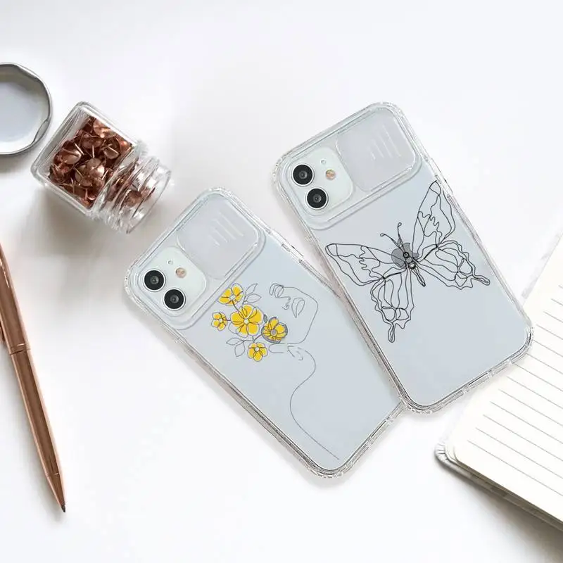 

Black line art Abstract Phone Case transparent For iPhone 7 8 11 12 X XS XR MINI Pro Max Plus Slide Camera Lens Protect