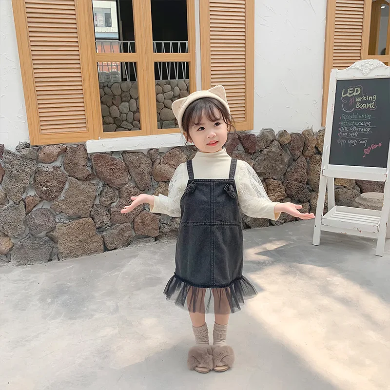 2019 Autumn New Arrival Korean style cotton all-match vest denim dress matching with grenadine for cute sweet fashion baby girls | Детская