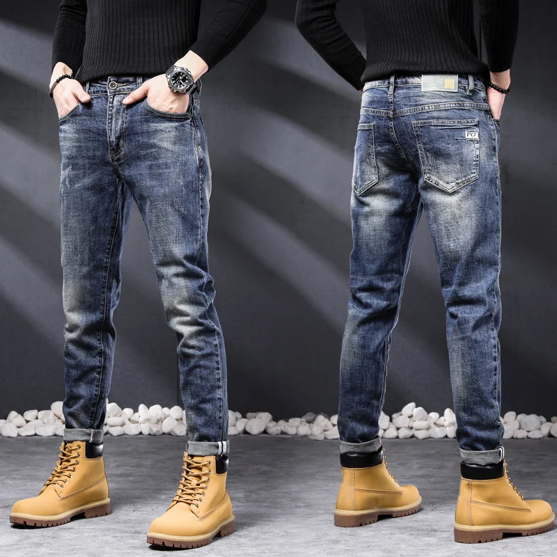 

Stretch Jeans For Men Slim Fit Vintage Blue Pockets Letters Designer Autumn And Winter Fashion Streetwear Man Original Man Jeans
