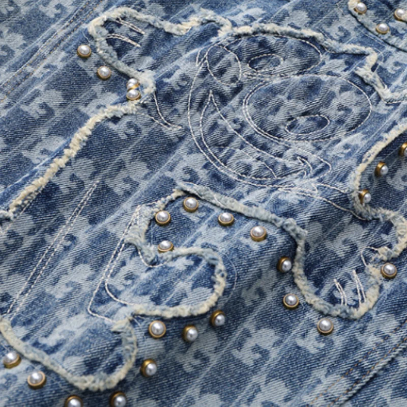 

Heavy Beading Cartoon Printing Casual Denim Coats Single Breasted Loose Long Sleeve Jean Jacket 2021 Spring Chic Vintage Outwear