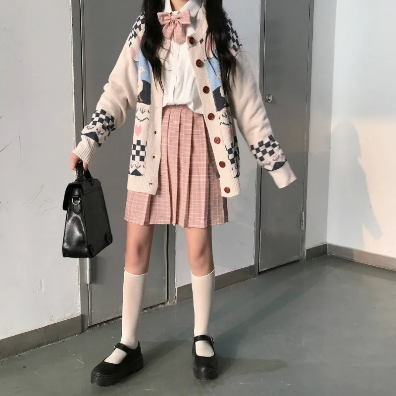 Японский осенний Новый женский милый Свободный вязаный кардиган с рисунком из