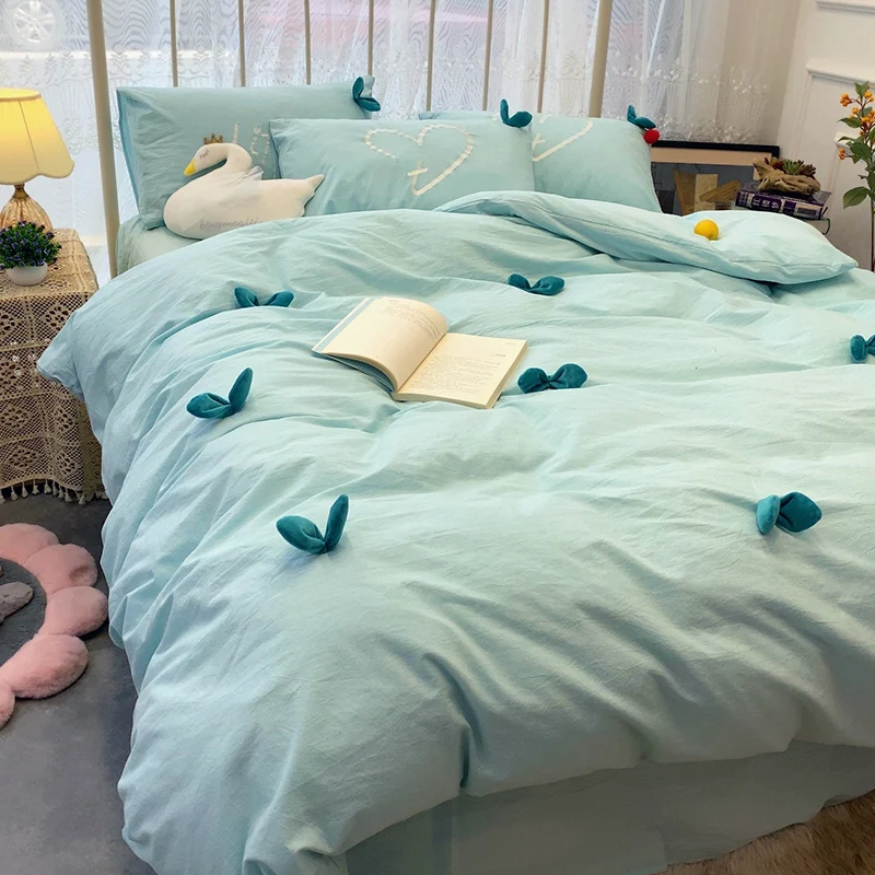 

100% cotton 3D Leaves Decor Four Piece Home Bedding Set Sweet Simple Comfortable
