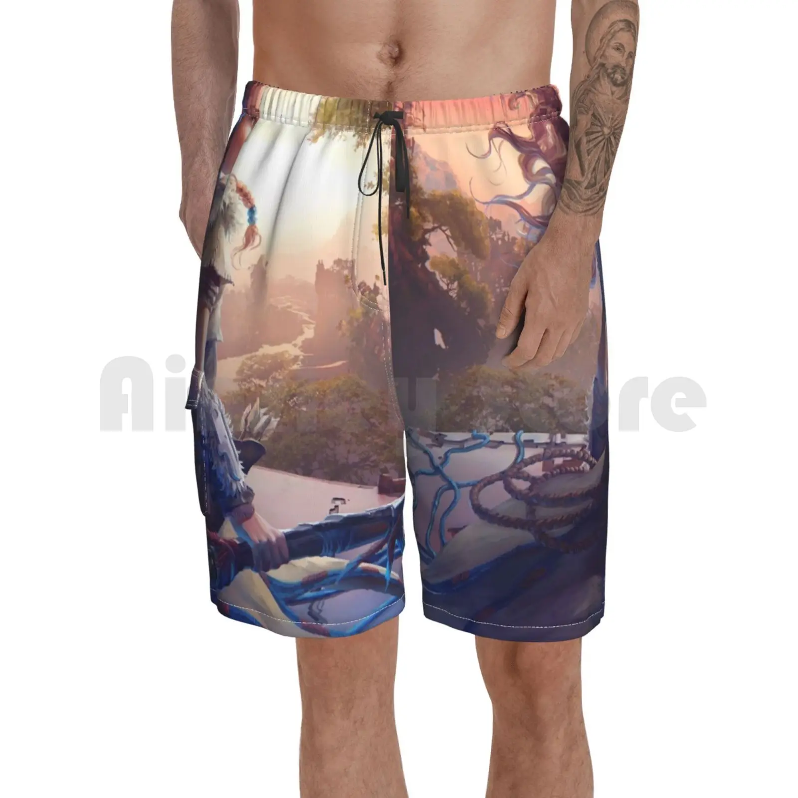 

3D print Aloy Horizon Zero Dawn Wallpaper On Tallneck Beach Shorts Men Beach Pants Swim Trunks Aloy Horizon Zero Dawn Horizon