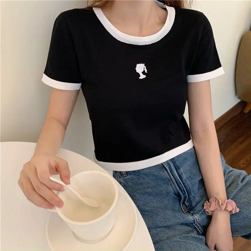 

Summer 2020 New Korean Style Fashion Contrast Slim Fit Short Knitted Shirt Women's Leisure Joker Skinny Short Sleeve Jacket