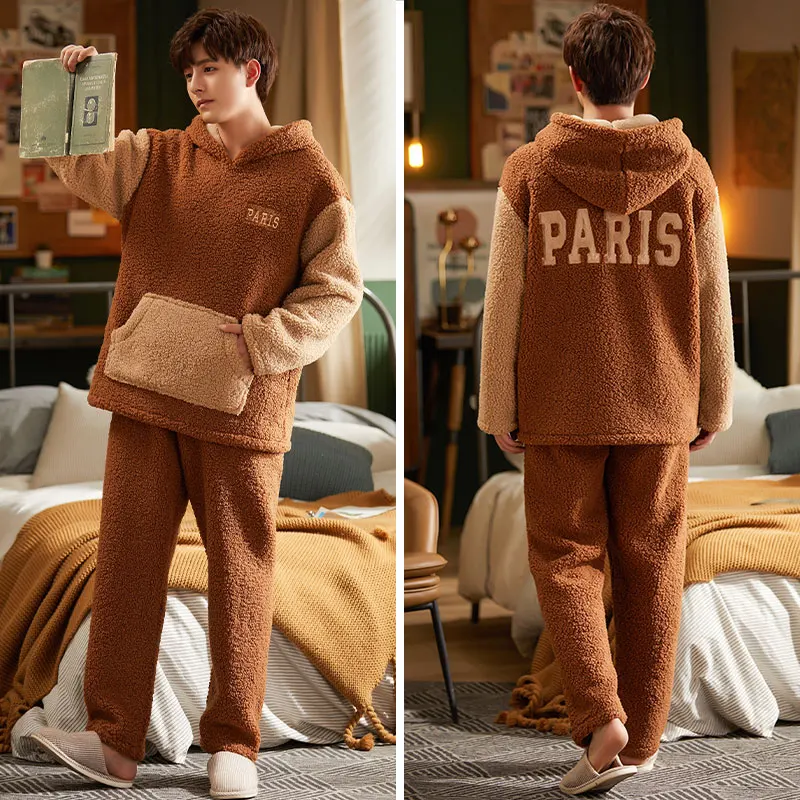 Winter Coral Velvet Pajamas Men's Thickened Flannel Warm Plush Hooded Homewear Set