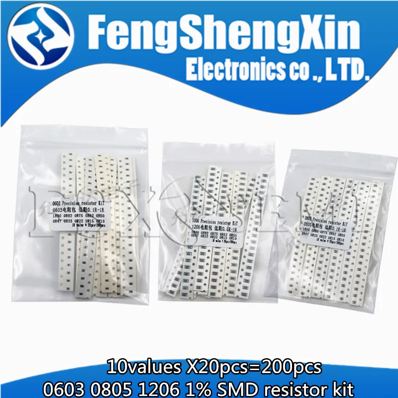 

10values X20pcs=200pcs 1206 1% SMD resistors assorted kit set 1R00 R820 R750 R620 R500 R470 R330 R220 R150 R100 1R 0.75R 0.82R