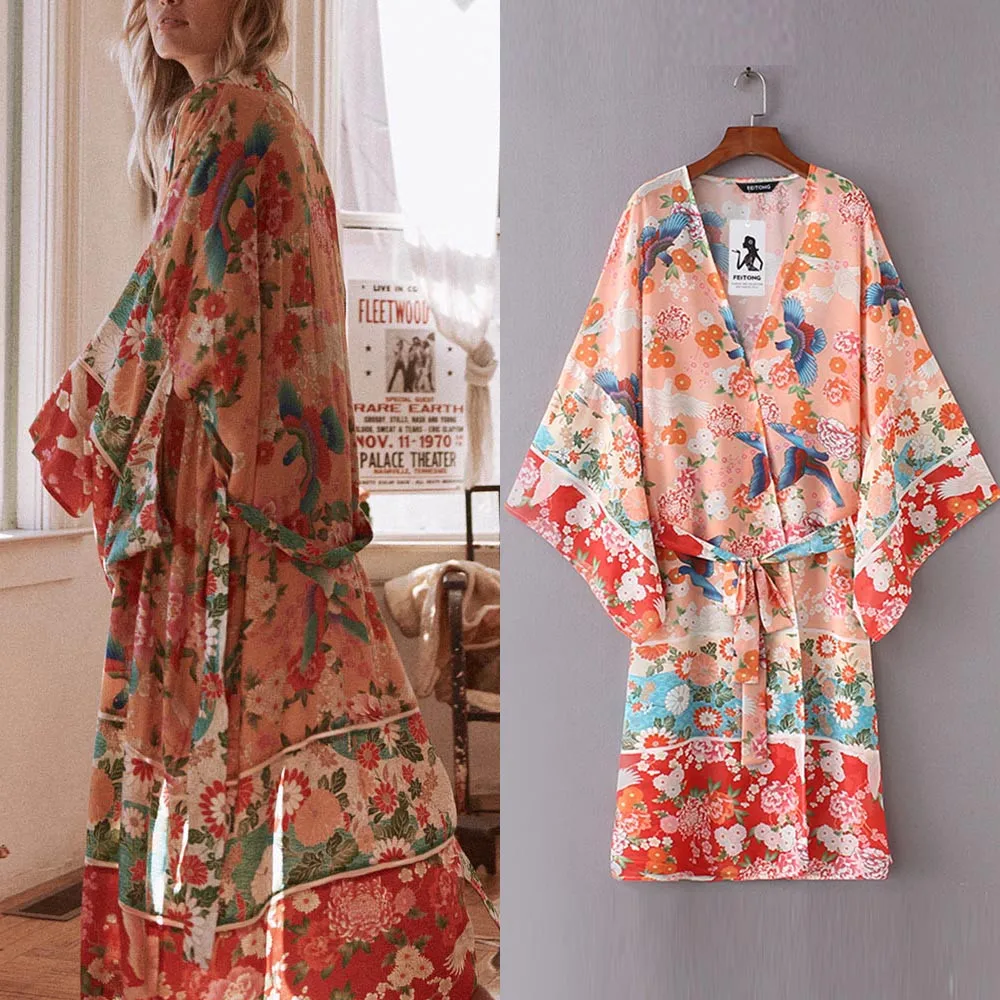 Летняя женская шифоновая блузка с цветочным принтом кимоно поясом Пляжная