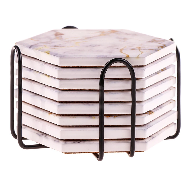 

Подставки для напитков 8 шт., абсорбирующие, с держателем, керамические, каменные, подставки для напитков с пробковой основой, набор абсорбир...