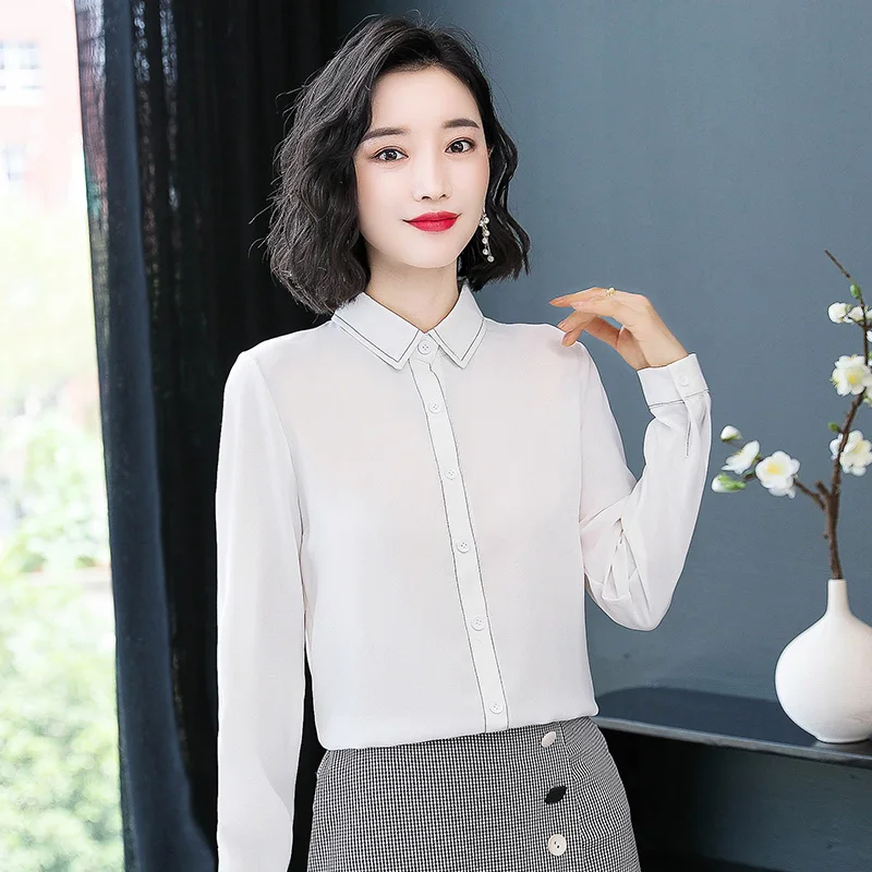 

Шифоновая женская блузка на пуговицах, рубашка на весну/осень, модные топы с длинным рукавом, Новая повседневная блузка, однотонный корпус