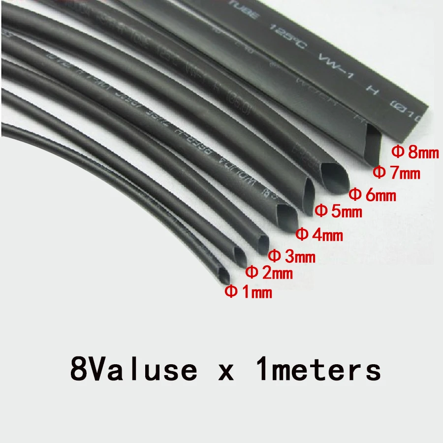 8 Meter/set Heat Shrink Tube Kit 1/2/3/4/5/6/8/10mm 2:1 Black Tubing Shrinkable Sleeving Wrap Diy Connector Cable | Обустройство дома