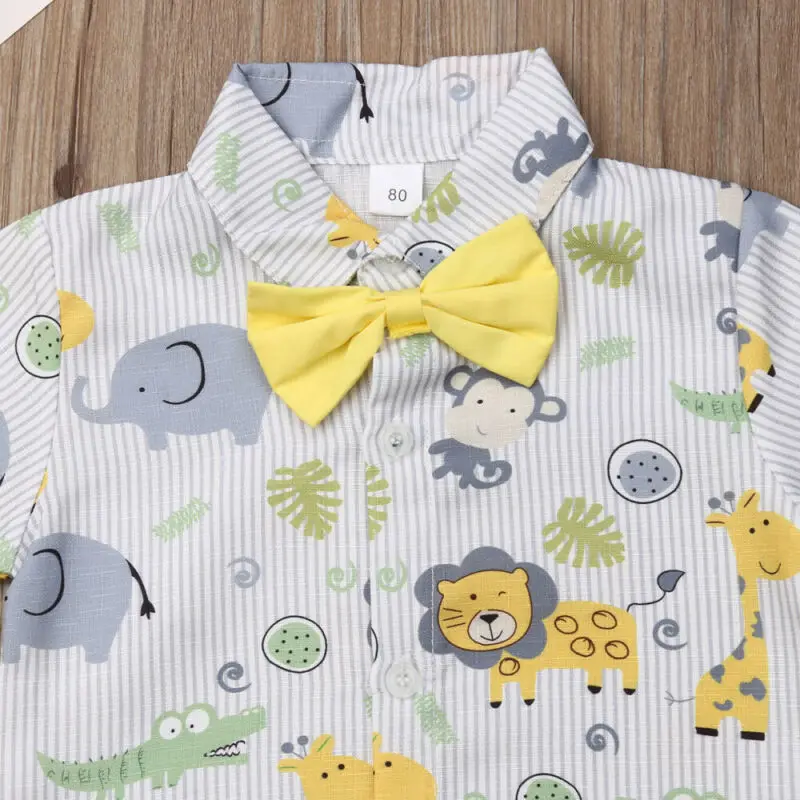 Fashion Kids Baby Boy Summer Suit Wedding Party Bowtie Gentleman Cartoon Print Shirt Shorts Pant Outfits 1-6Y | Детская одежда и