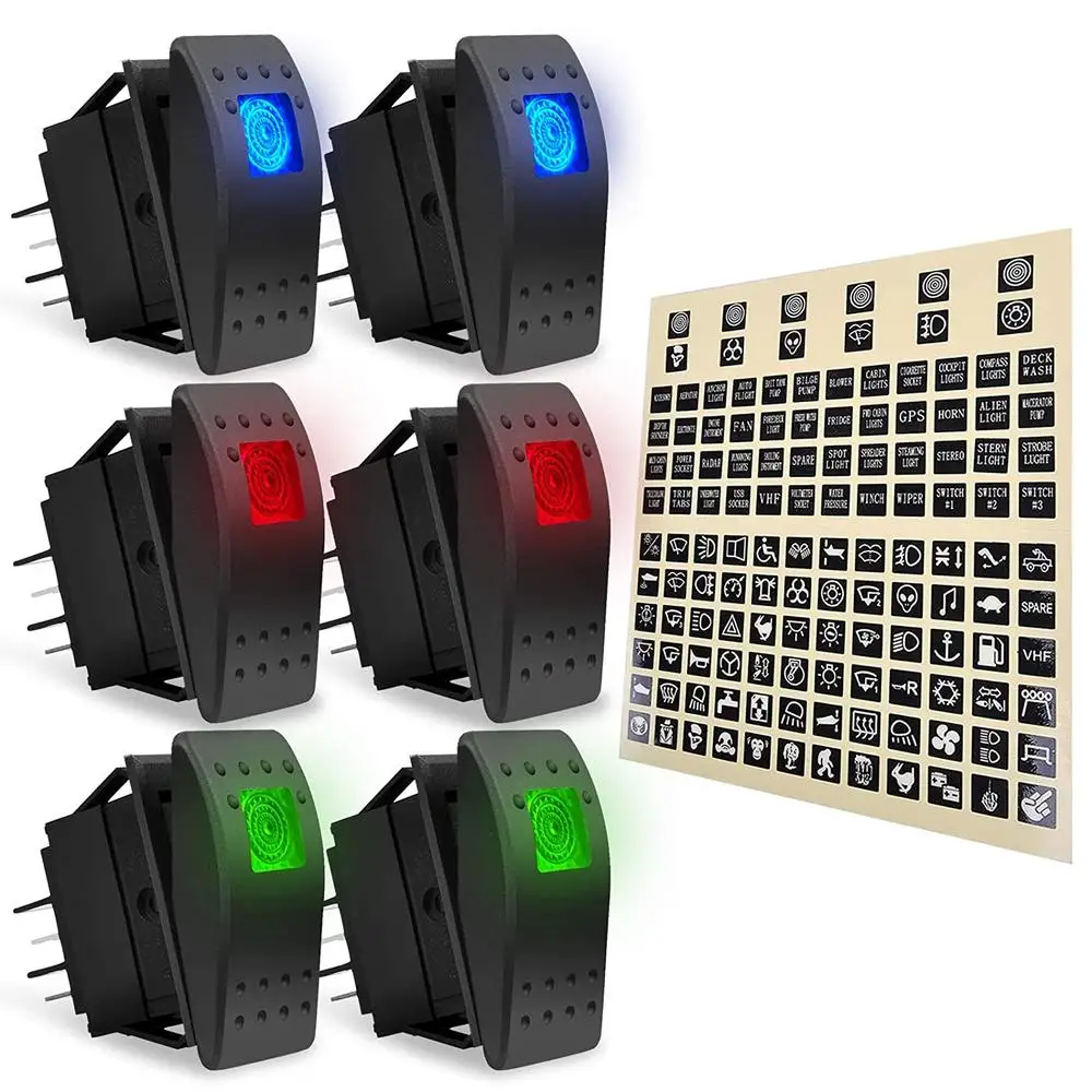 

6Pcs/set 12V Toggle Switch 4pin Dashboard Rocker Switch With Sticker Label Sheet Waterproof Lighted
