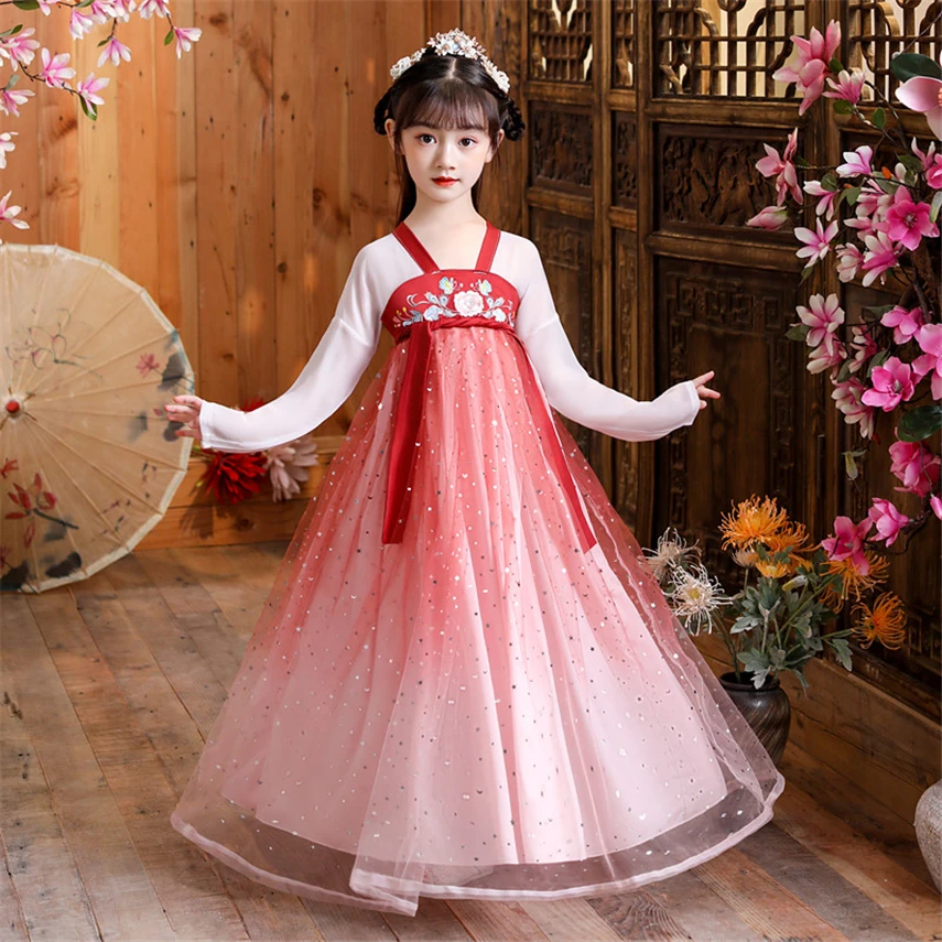 

Ancient Chinese Traditional Costume Hanfu Children Summer New Cute Loose Embroidery Girl Fairy Dresses Party Stage Dress