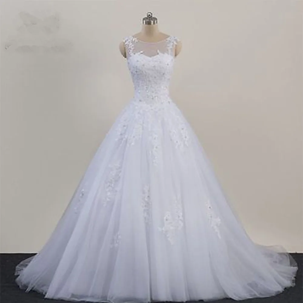 

Elegant 2019 Ball Wedding Dresses with Appliques Beaded Lace Up Back Dresses For Wedding Scoop vestido de noiva Bridal Gowns