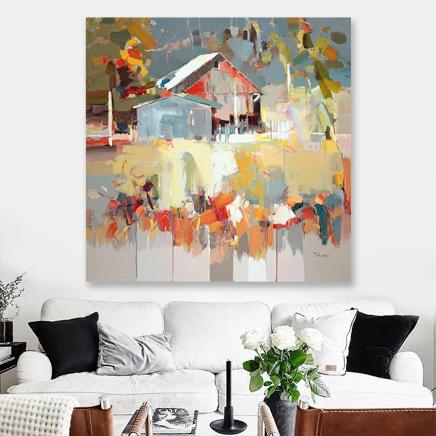 

Textured Wall Hangings Paintings Handmade Colorful Carton House Picture Acrylic Painting Canvas Wall Art Decor For Living Room