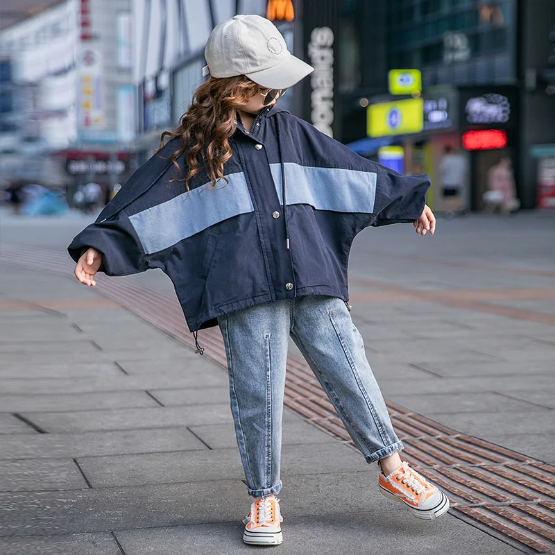 

2020 Spring Autumn Girls Fashion Denim Jacket Stitching Hoodie Coat