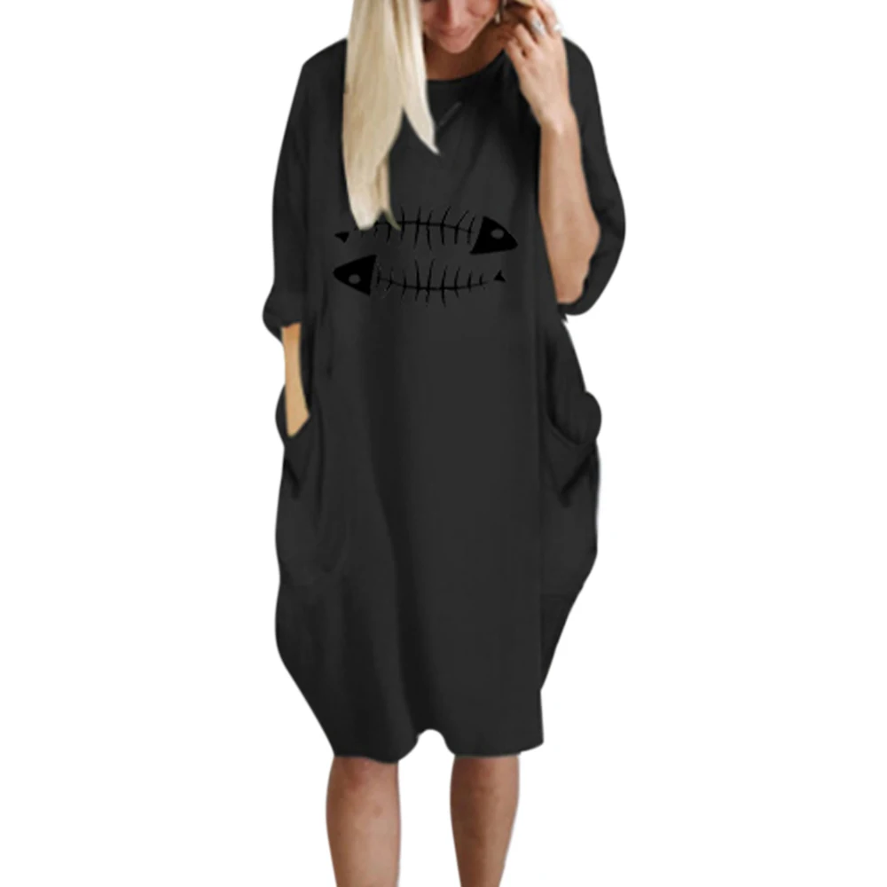 

VICABO Fish Bone Printed T Shirt Dress Women Loose Oversized Vestidos O-neck Ladies Long Sleeve Casual 5XL Dresses