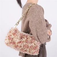 winter cute baguette bags for women plush 2021 ladies shoulder bags gold chain small female fluffy clutch purses and handbag new