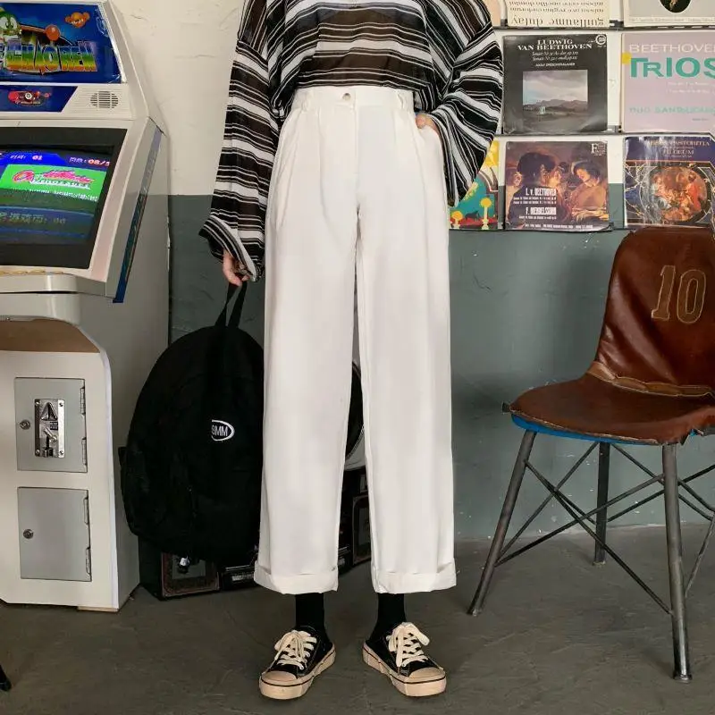 Широкие повседневные брюки женские с высокой талией простые однотонные белые