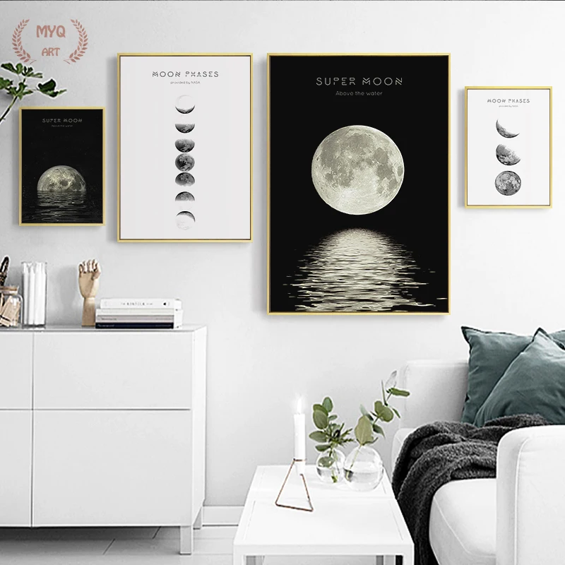 

Minimalist Full Moon Poster Art Black White Moon Phases Prints Solar System Canvas Picture Painting Decoration for Living Room